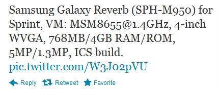 The tweet (since taken down) that leaked the Samsung SPH-M950 - Samsung Galaxy Reverb leaks via tweet for Sprint