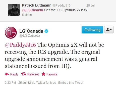 LG Canada: no Ice Cream Sandwich for the Optimus 2X