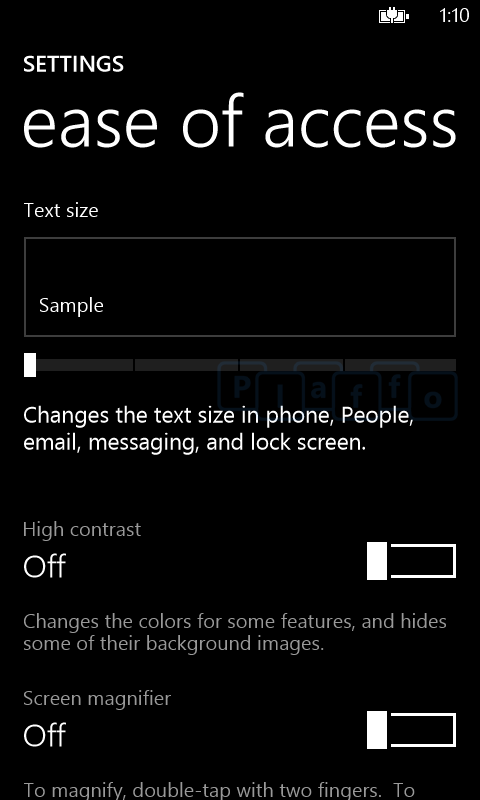 Screenshot of&amp;nbsp; alleged Windows Phone 8 accessibility settings - Windows 8 will enable screenshots; accessibility settings leaked