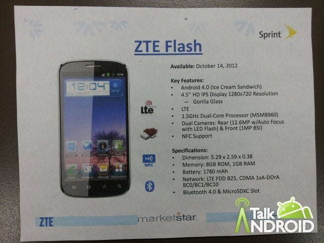 ZTE Flash for Sprint leaks – 4.5-inch IPS display, LTE, Snapdragon S4 inside