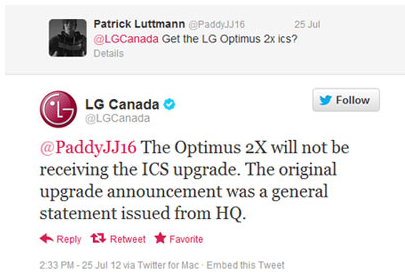 No ICS for you says LG Canada about the LG Optimus 2X - No Android 4.0 update for LG Optimus 2X says tweet from LG Canada