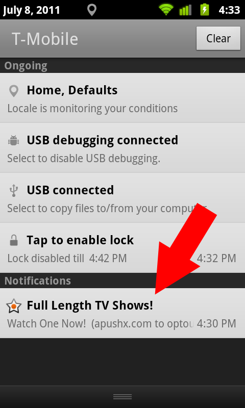Example of Airpush ad imitating Android notification - New Google ad policy could mean adios to some annoying in-app ads