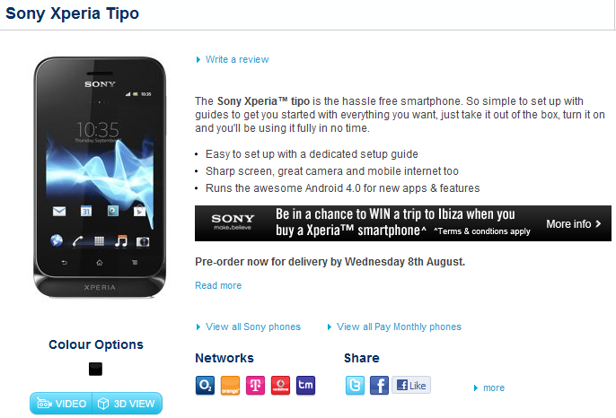 The Sony Xperia tipo can now be pre-ordered in the U.K. from Carphone Warehouse  - August 8th said to be launch date for Sony Xperia tipo in U.K.