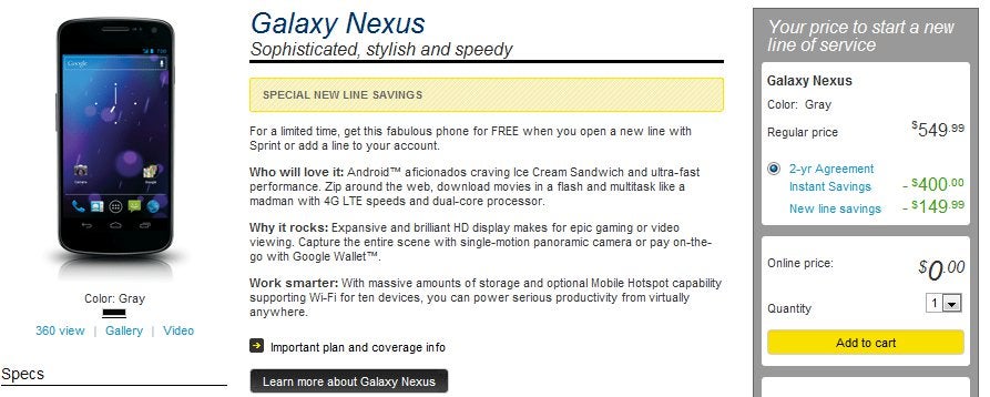 Sprint follows suit by selling the Samsung Galaxy Nexus for free