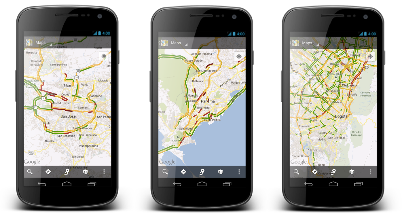 Traffic conditions for San Jose, Panama City and Bogota on Google Maps for Android - Real time traffic added to Google Maps for over 130 new locations