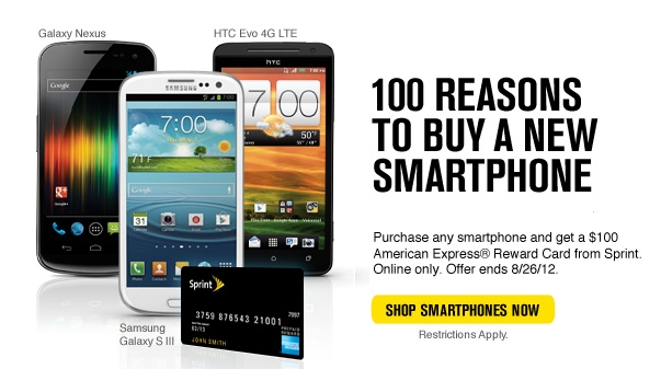Sprint's new smartphone promotion - Sprint giving away $100 Amex Reward Card to new line smartphone buyers