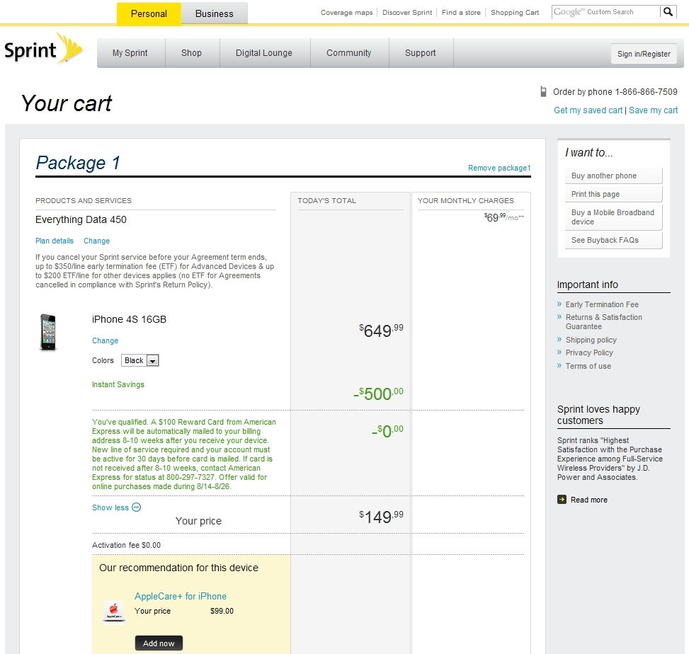 You can get the iPhone 4S from Sprint for $50 now - Sprint giving away $100 Amex Reward Card to new line smartphone buyers