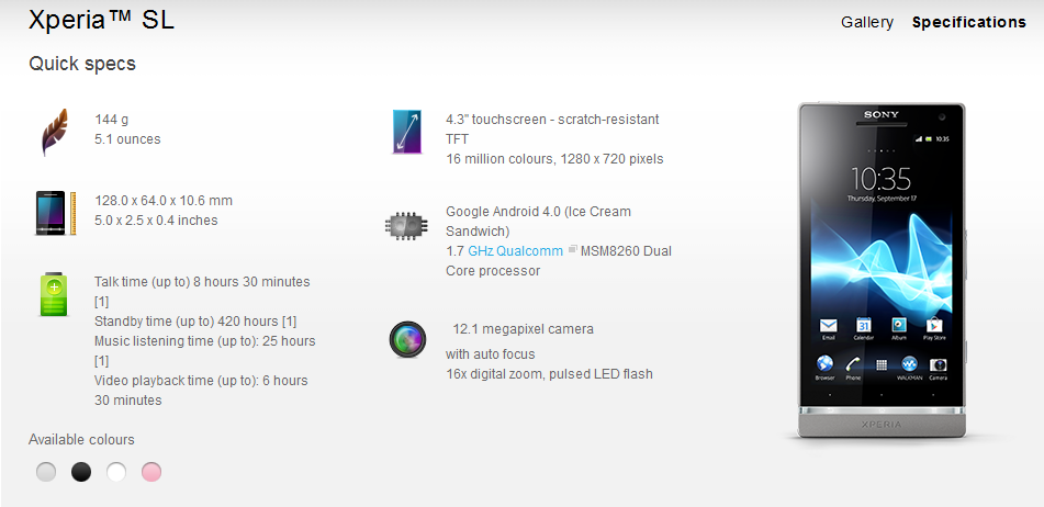 Sony&#039;s own website outs the Sony Xperia SL - Sony Xperia SL found on Sony website with dual-core 1.7GHz Qualcomm S3 doing the heavy lifting