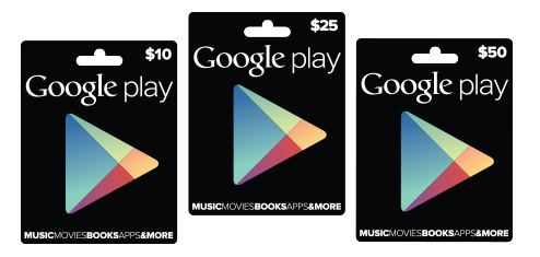 The gift cards are available in 3 denominations - Google Play gift cards are now official and will be found at Radio Shack, Target and GameStop
