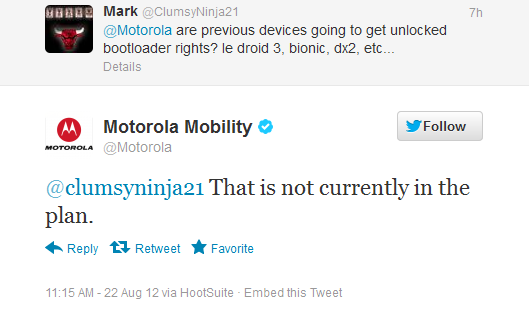 Bad news for those with older Motorola models - Tweet from Motorola says unlocking older models &quot;not currently in the plan&quot;
