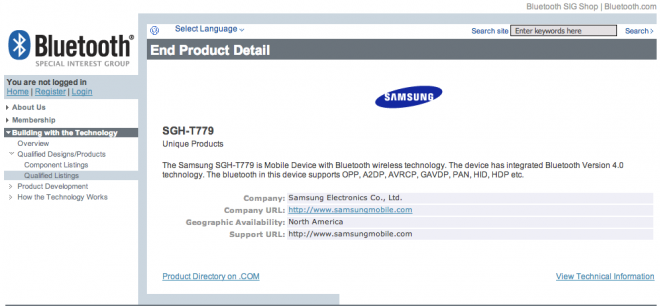 Mystery device SGH-T779 has received its Bluetooth SIG certification - Samsung&#039;s SGH-T779 gets Bluetooth SIG certification on the way to T-Mobile