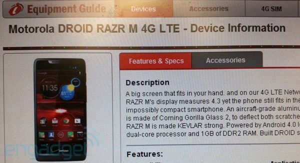 The Motorola DROID RAZR M in the new  Verizon Equipment Guide - Motorola DROID RAZR M 4G LTE press shot and specs leaked