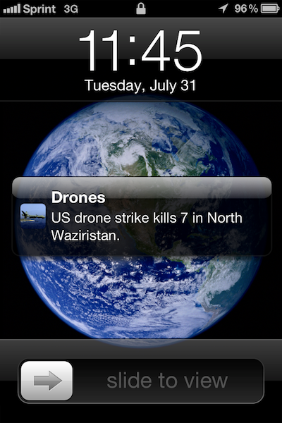This mock-up shows the push notification used in Drones+ - Apple rejects app that reveals unmanned drone attacks