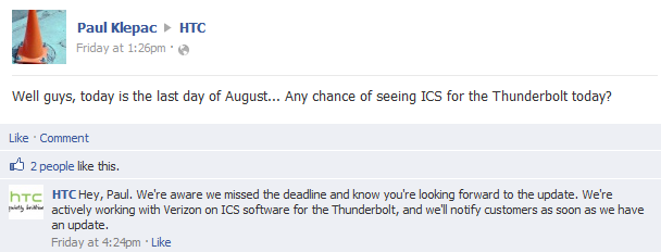 HTC says that the Android 4.0 update for the HTC ThunderBolt is still being worked on - HTC admits to missing deadline on ICS update for HTC ThunderBolt