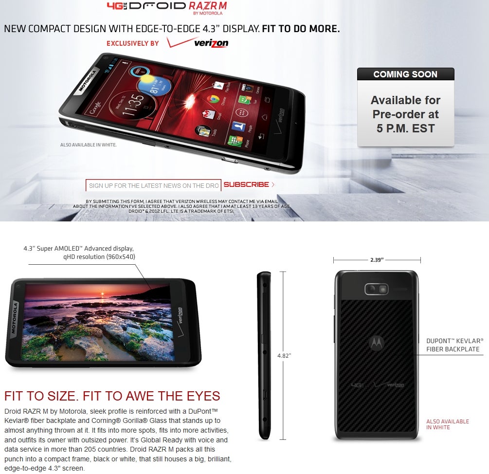 Motorola DROID RAZR M pre-order page is now up on Verizon&#039;s site