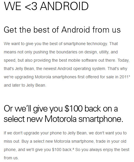 Motorola loves Android and wants you to have one of its Android 4.1 flavored models - Motorola&#039;s $100 trade-in site now open for 2011 devices not getting Jelly Bean