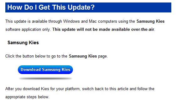 The ICS update for the Samsung Captivate Glide is not OTA - Samsung Captivate Glide gets its Ice Cream Sandwich update