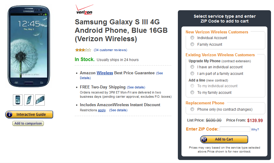 Amazon has slashed the price of the Verizon version of the Samsung Galaxy S III - Amazon cuts Verizon's Samsung Galaxy S III to $139.99 for new customers or $149.99 for upgrades