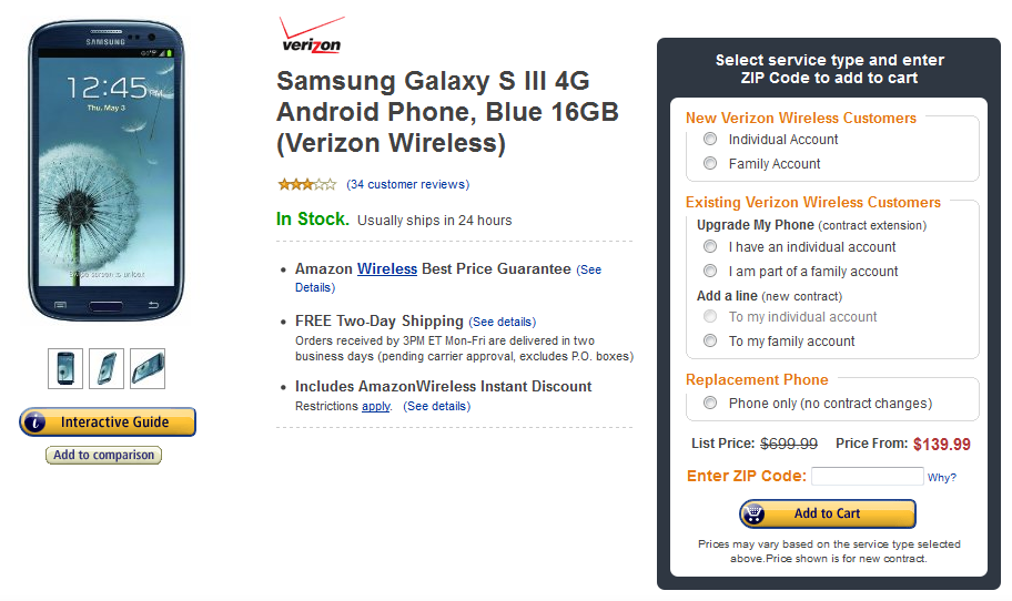 Amazon has slashed the price of the Verizon version of the Samsung Galaxy S III - Amazon cuts Verizon&#039;s Samsung Galaxy S III to $139.99 for new customers or $149.99 for upgrades