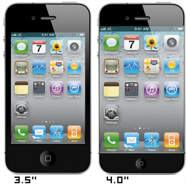 Comparing the size of the old Apple iPhone screen with the expected larger new one (R) - Apple looks to launch Apple iPhone 5 globally alongside U.S. release?