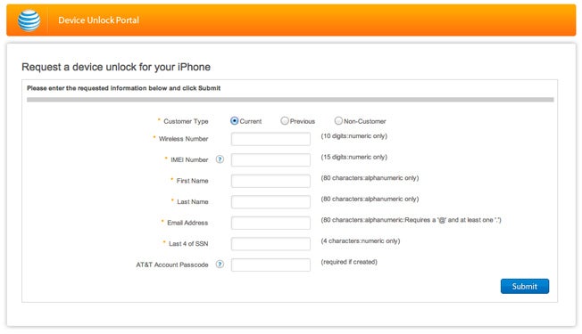 You can request that your AT&amp;amp;T Apple iPhone get unlocked using a online request form - AT&amp;T&#039;s new online form allows you to request that your out of contract Apple iPhone gets unlocked