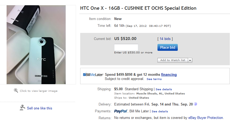 The Limited Edition HTC One X is up for bids on eBay - Limited edition HTC One X for AT&amp;T, designed by Cushnie Et Ochs, up for bids on eBay