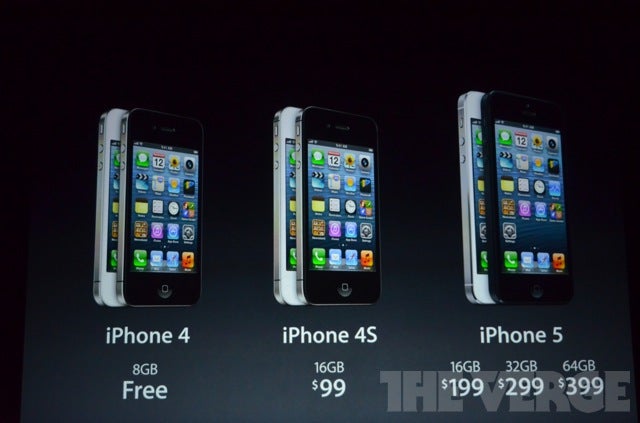 The iPhone 4 goes free, 4S is $99, and a 16GB iPhone 5 will run you $199, preorders start Friday