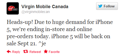 Virgin Mobile Canada halts Apple iPhone 5 pre-orders - Bell and Virgin Mobile Canada stop accepting Apple iPhone 5 pre-orders