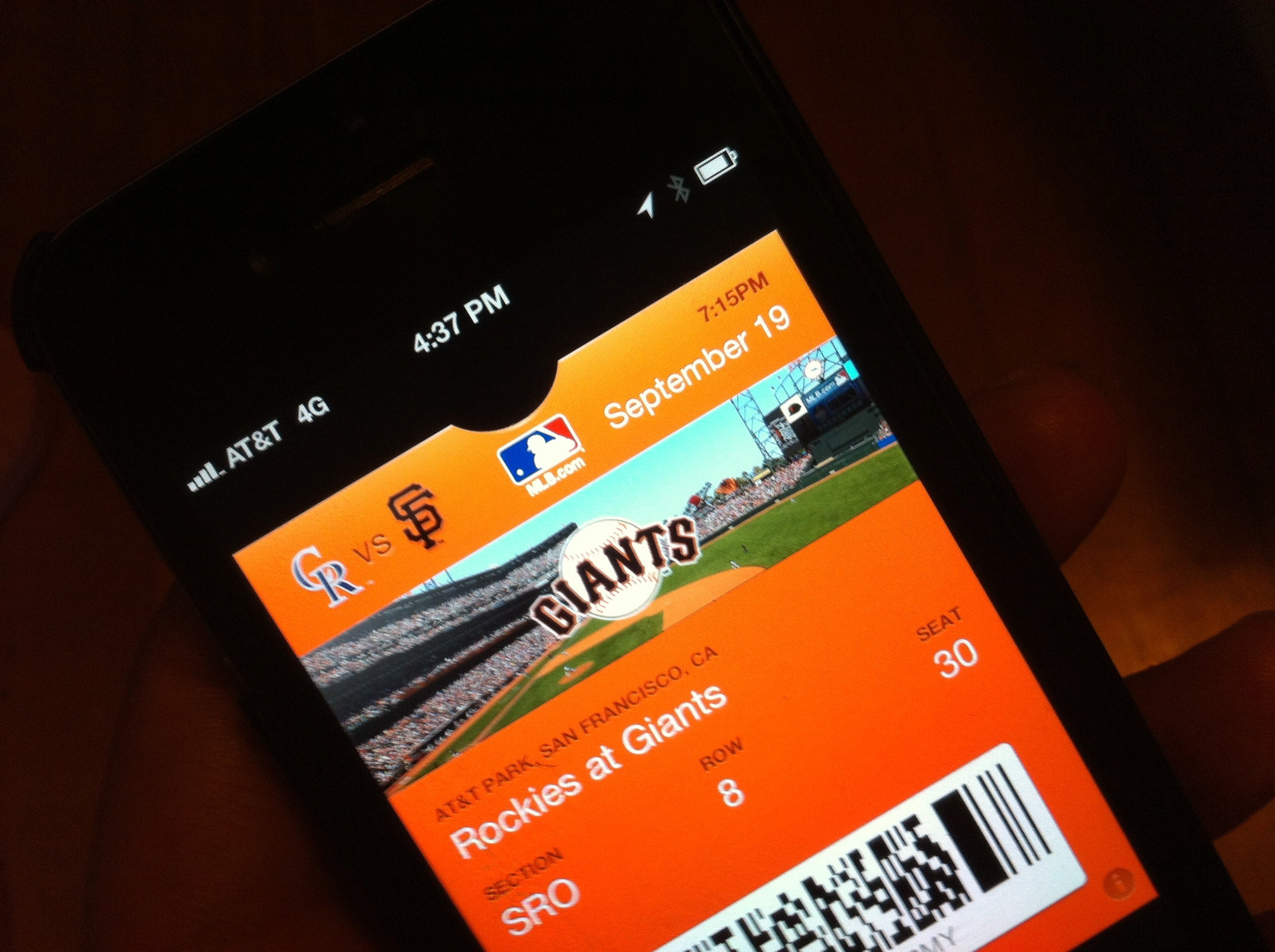A Passbook ticket to a San Francisco Giants game - Major League Baseball testing Passbook as virtual replacement to physical tickets