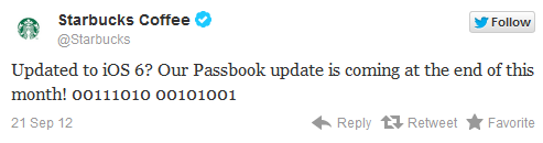 Starbucks tweets about its inclusion in Passbook - American Express and Starbucks to hook up with Passbook by the end of the month