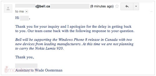 Neither Bell Canada nor Telus will carry the Lumia 920, Rogers may be exclusive