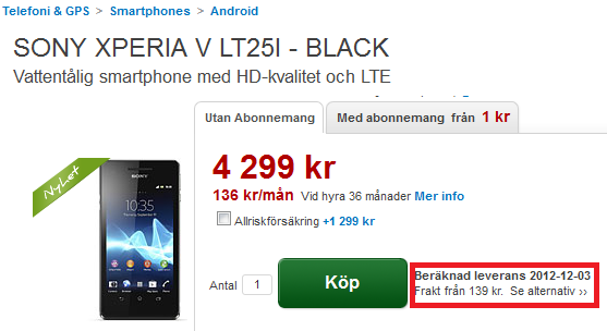 The Sony Xperia V is up for pre-order at Dustin.de - Sony's H2O resistant Sony Xperia V expected to ship in early December