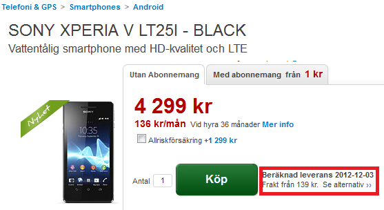 The Sony Xperia V is up for pre-order at Dustin.de - Sony&#039;s H2O resistant Sony Xperia V expected to ship in early December