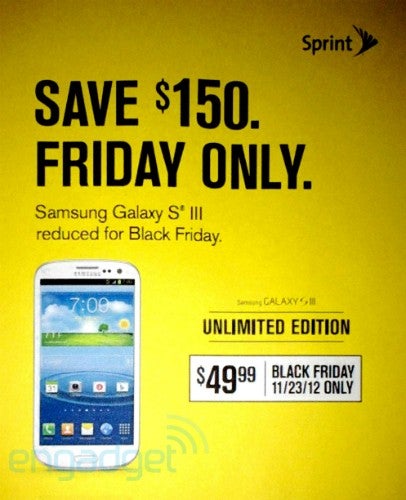 Get the Samsung Galaxy S III from Sprint on Black Friday for only $49.99 - Leaked ad shows the Samsung Galaxy S III priced at $50 for Sprint on Black Friday