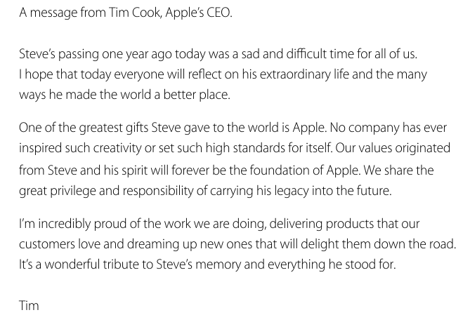 Message from Apple CEO Tim Cook paying tribute to Steve Jobs - Apple and Tim Cook pay tribute to Steve Jobs on the anniversary of his death