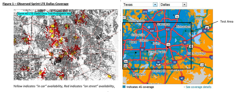 Comparison of Sprint&#039;s Dallas coverage from the testing (L) versus what the carrier claims on its website - Is Sprint&#039;s LTE coverage exaggerated on its website?