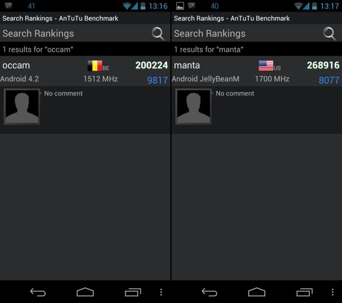 Motorola Occam and Manta shown running Android 4.2 with benchmarks