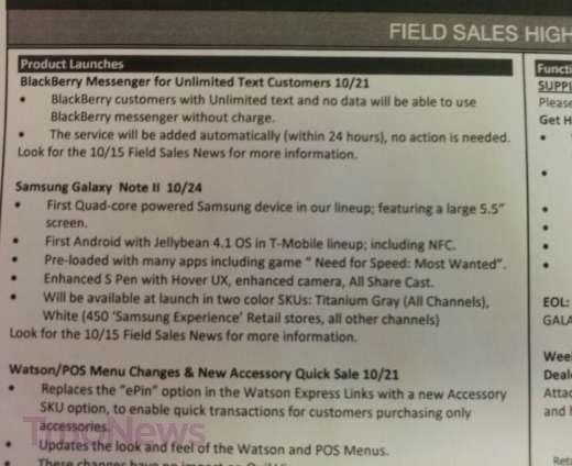 This leaked memo confirms October 24th launch for the Samsung GALAXY Note II for T-Mobile - Leaked memo shows October 24th launch for T-Mobile's Samsung GALAXY Note II