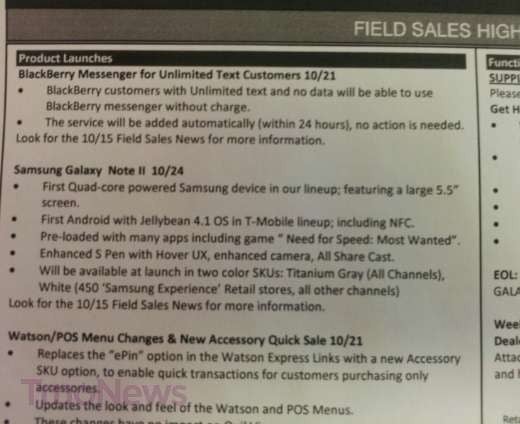 This leaked memo confirms October 24th launch for the Samsung GALAXY Note II for T-Mobile - Leaked memo shows October 24th launch for T-Mobile&#039;s Samsung GALAXY Note II