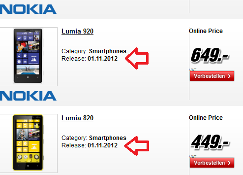 The Nokia Lumia 920 and Nokia Lumia 820 show a November 1st launch date in Germany - German retailer shows November 1st launch for Nokia Lumia 920 and Nokia Lumia 820