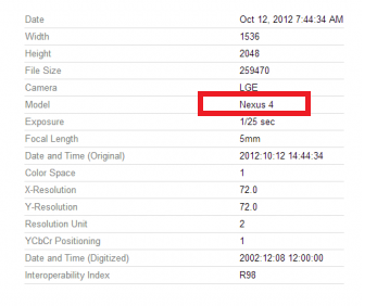 The EXIF data shows the Nexus 4 name - EXIF data from Picasa pictures show the LG E960 will be called the LG Nexus 4