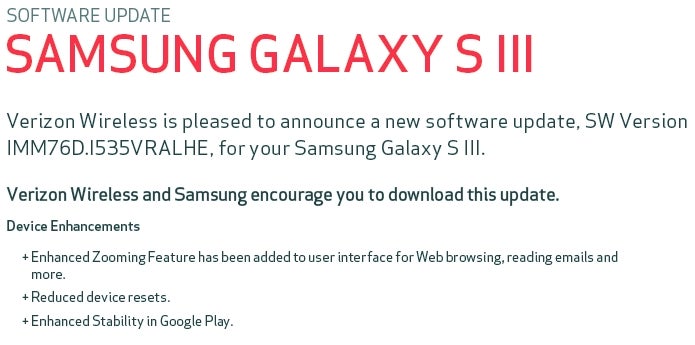 Verizon to send out HE software update for the Samsung Galaxy S III, still not Jelly Bean