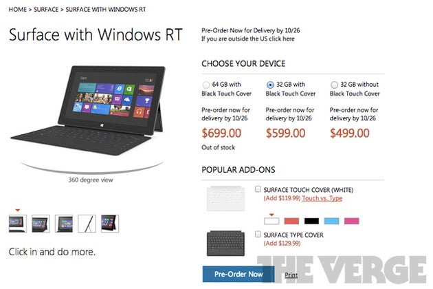 Microsoft Surface RT prices appear: $499 with no Touch Cover, $599 with it