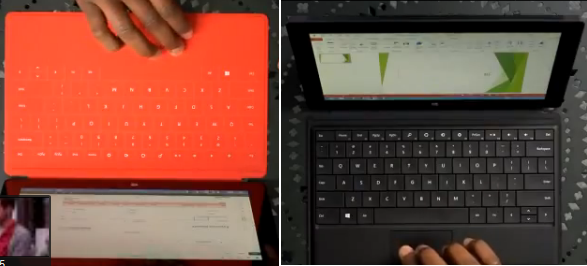 Touch cover (L) and type cover make typing easier on the Surface - Another video of the Microsoft Surface appears, showing features that set it apart from the iPad