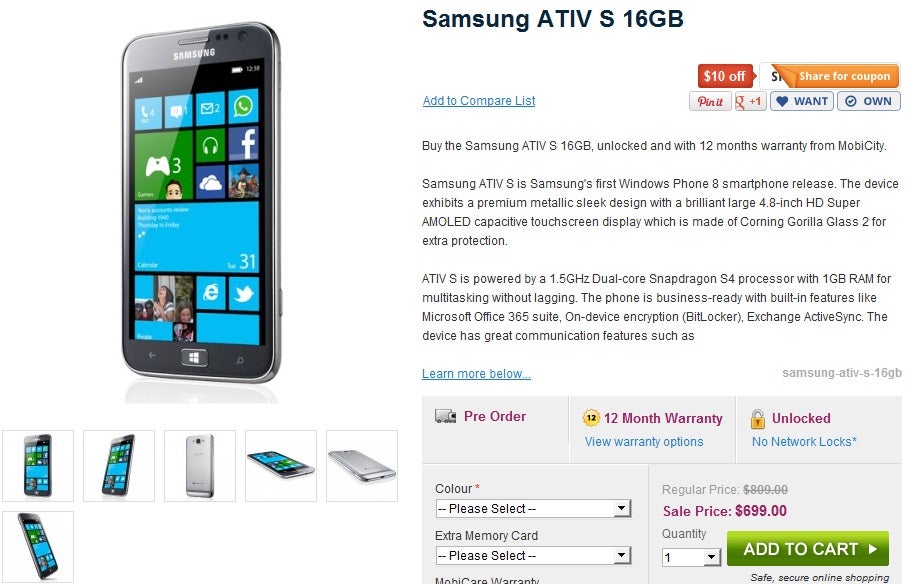There is no ship date, but the 3G model of the Samsung ATIV S is available for pre-order now in Australia - SIM-free Samsung ATIV S is available for pre-order with MobiCity in Australia