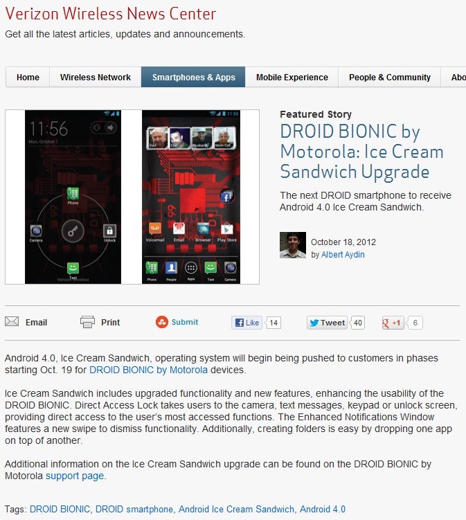 Verizon announces Ice Cream Sandwich for Motorola Droid Bionic