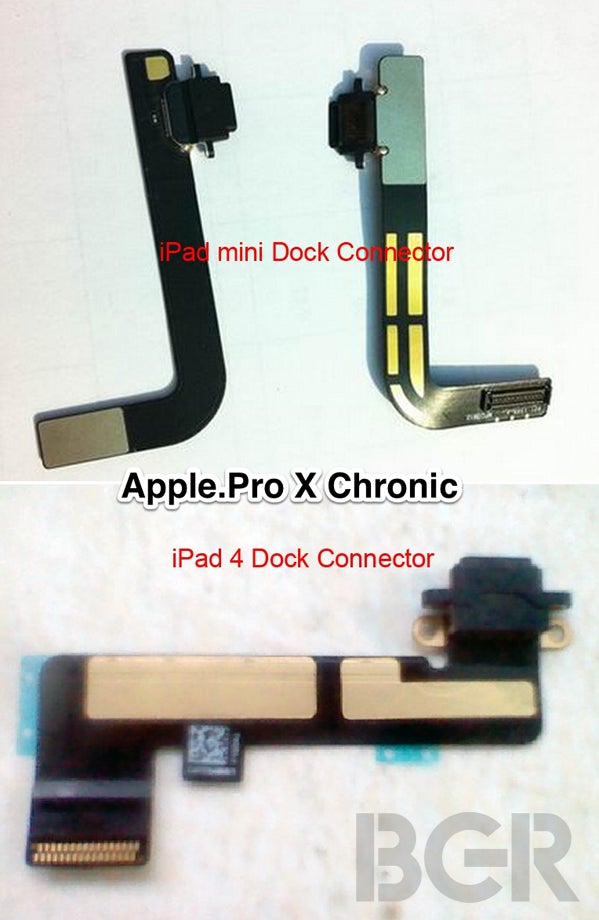 Comparing the lightning dock connector for the Apple iPad mini (top) and iPad 4 - Part for Apple iPad 4 leaks in advance of &#039;mini&#039; announcement