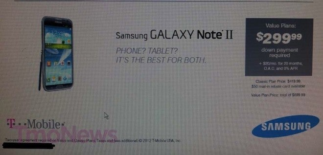 This leaked image could be revealing T-Mobile's price intentions on the Samsung GALAXY Note II - Leaked image reveals Samsung GALAXY Note II pricing for T-Mobile