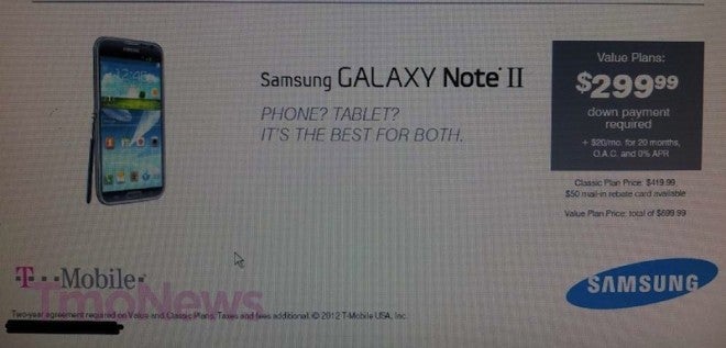 This leaked image could be revealing T-Mobile&#039;s price intentions on the Samsung GALAXY Note II - Leaked image reveals Samsung GALAXY Note II pricing for T-Mobile