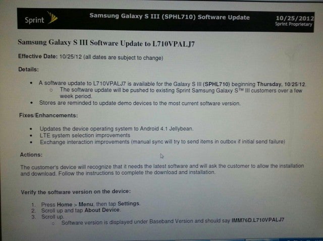 Android 4.1 rolls out to the Sprint Samsung Galaxy S III starting tomorrow - Leaked document shows Sprint version of Samsung Galaxy S III to get Jelly Beaned on October 25th